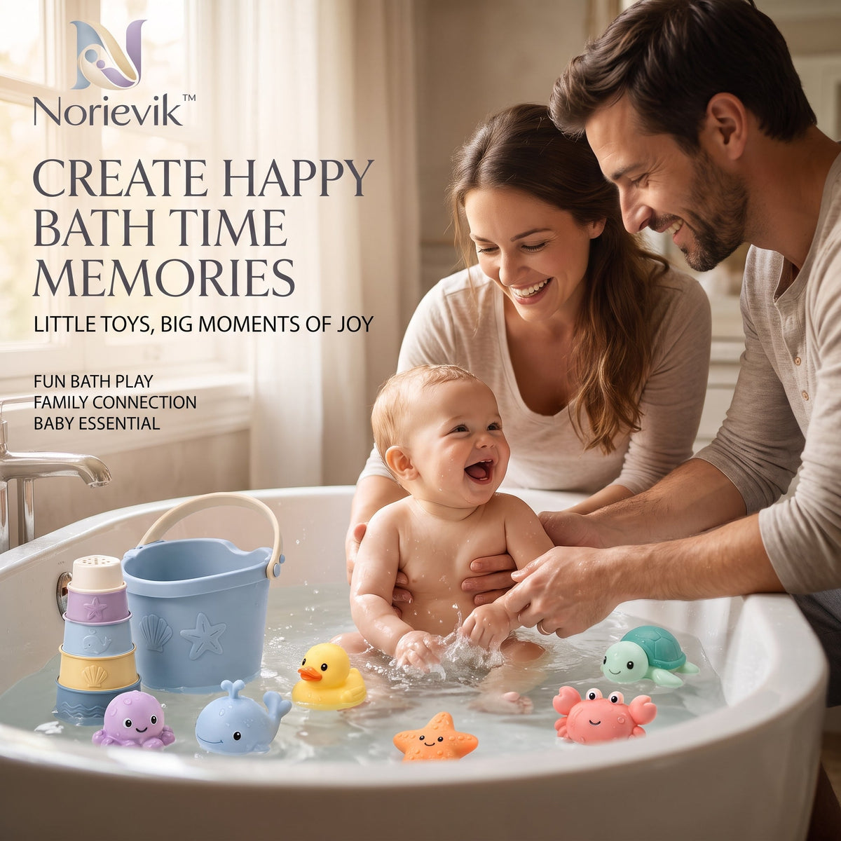 Norievik™ SplashNest Baby Bath Toy Set – Floating Pour, Scoop & Stack Water Play Toys for Fun Bathtime Learning