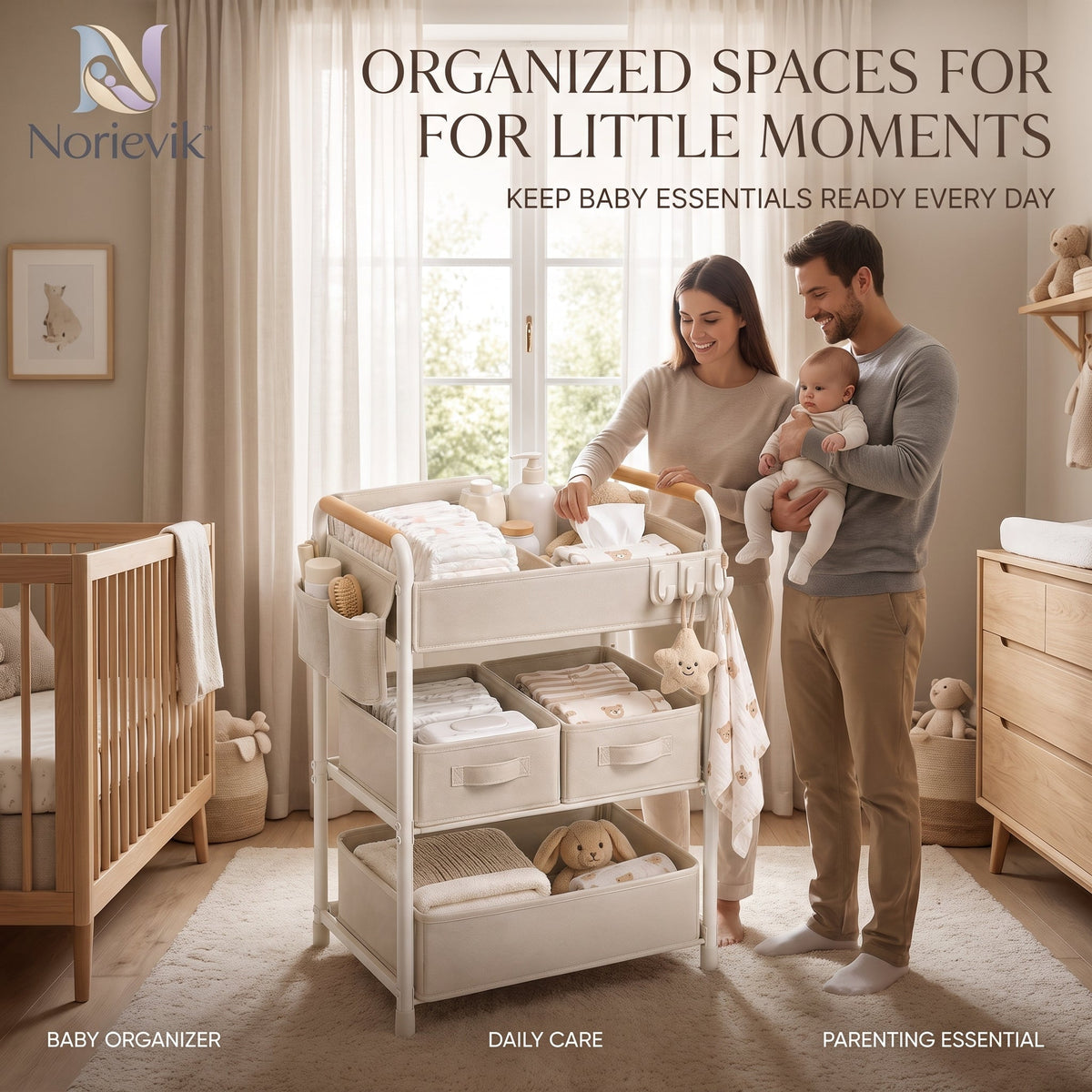 Norievik™ CareStation Baby Essentials Organizer Rack – Multi-Tier Nursery Storage Shelf for Diapers, Wipes, Bottles, Clothing & Everyday Baby Supplies