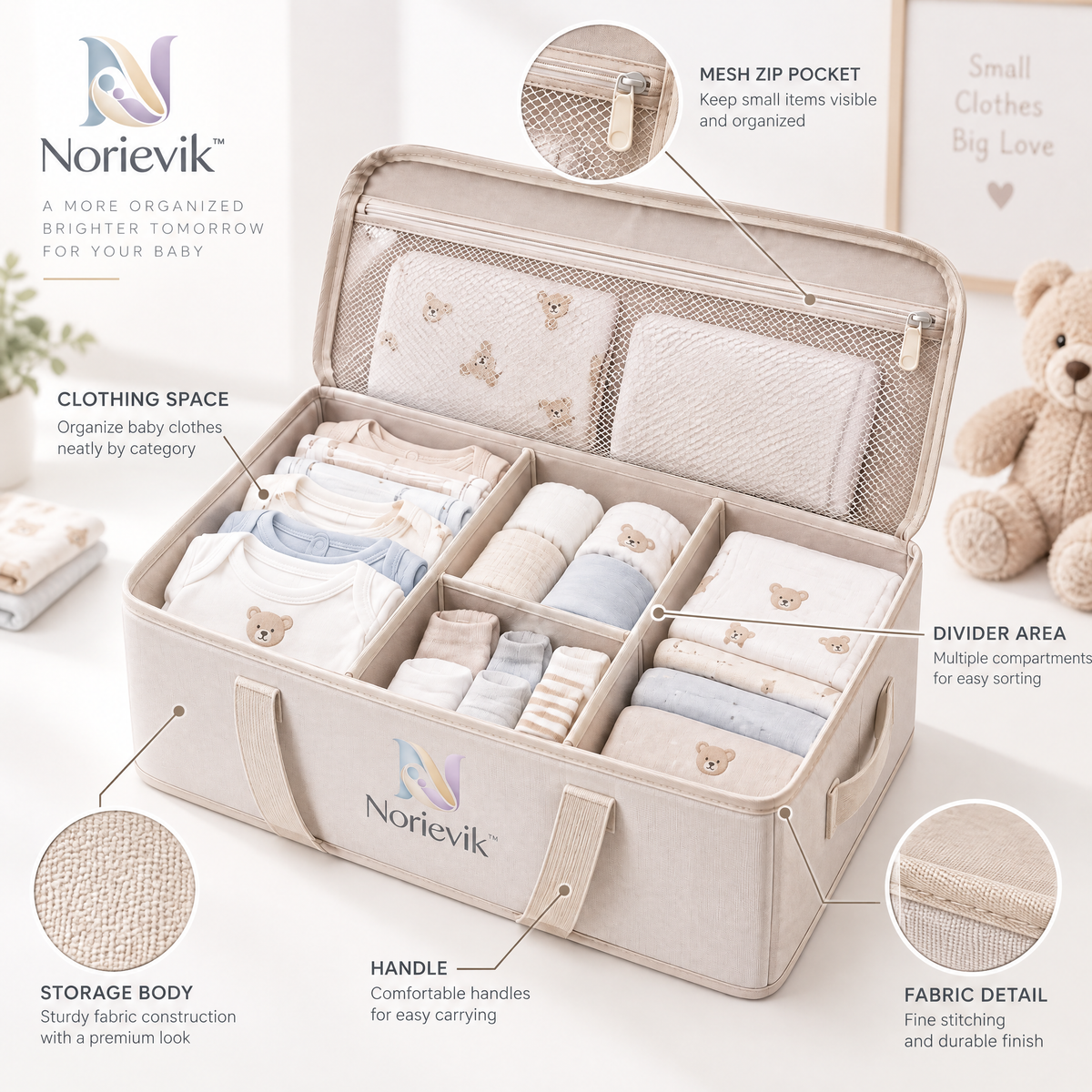 Norievik™ LittleWardrobe Baby Clothing Organizer – Multi-Compartment Nursery Storage Bin for Onesies, Socks, Bibs, Blankets & Everyday Baby Essentials