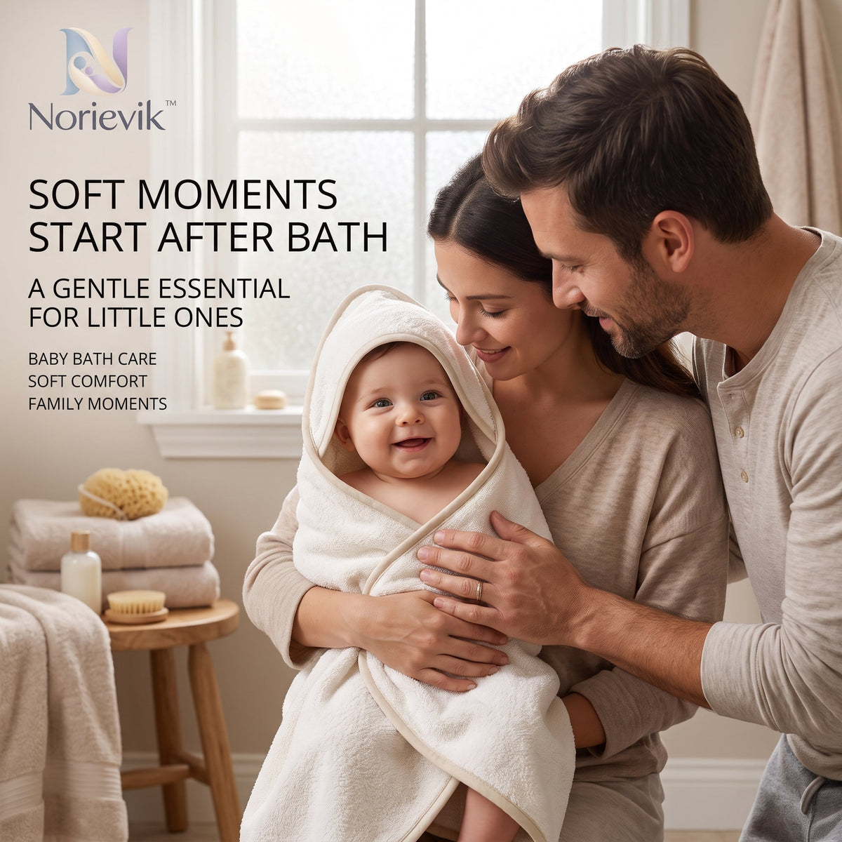 Norievik™ CozyDry Baby Bath Towel – Soft Absorbent Wrap Towel for Bath Time, Swimming, Travel & Everyday Baby Care