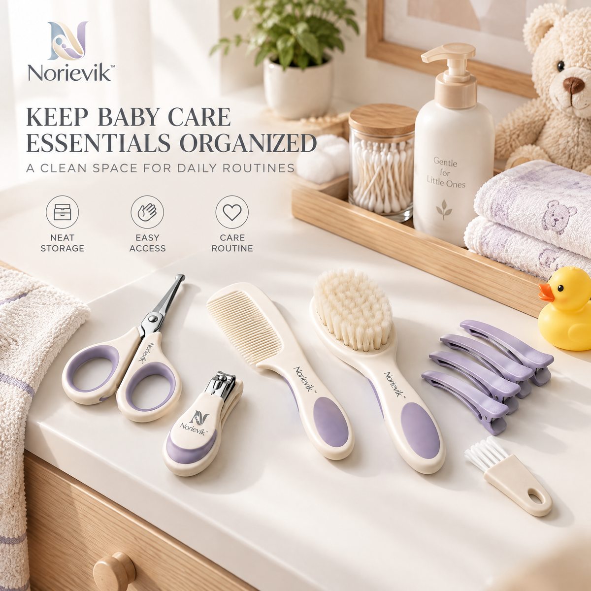 Norievik™ GentleTrim Baby Haircut Kit – Quiet Infant Hair Clipper Set for Safe At-Home Trimming, Grooming & Everyday Hair Care