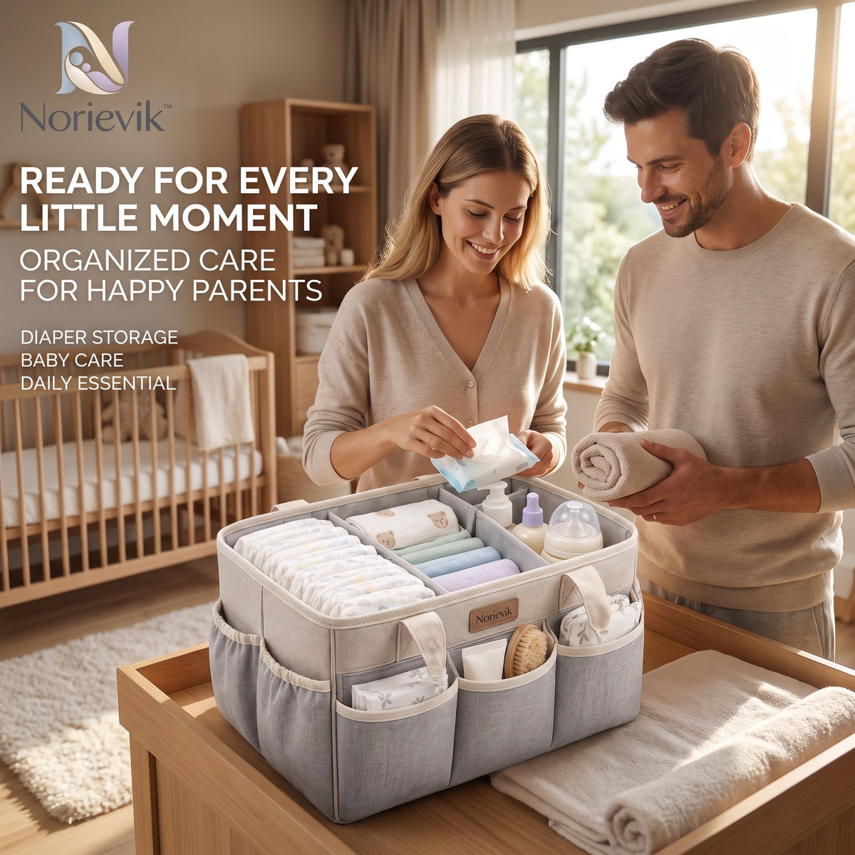 Norievik™ DiaperNest Nursery Caddy – Portable Baby Diaper Organizer for Wipes, Changing Essentials, Bottles & Everyday Nursery Storage