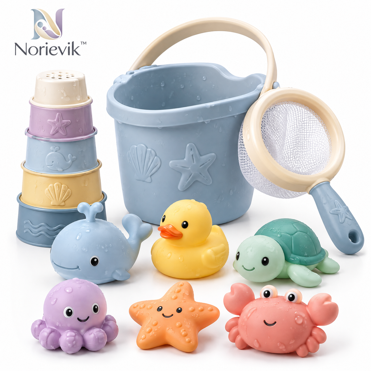 Norievik™ SplashNest Baby Bath Toy Set – Floating Pour, Scoop & Stack Water Play Toys for Fun Bathtime Learning