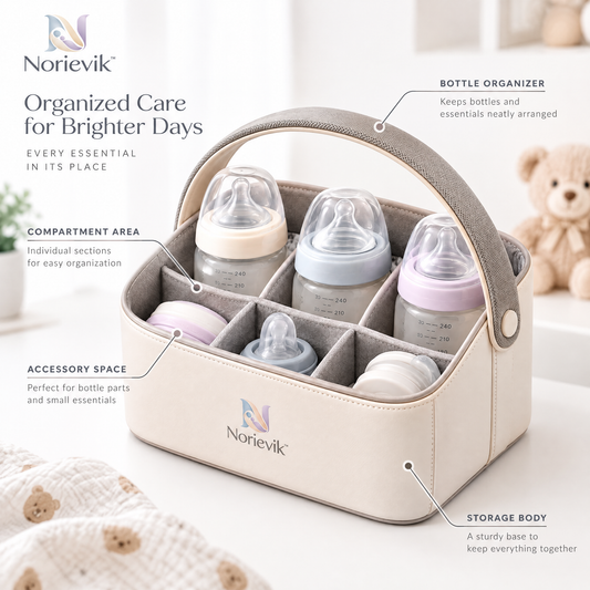 Norievik™ BottleNest Baby Bottle Organizer – Multi-Compartment Countertop Storage Rack for Bottles, Nipples, Caps & Feeding Essentials