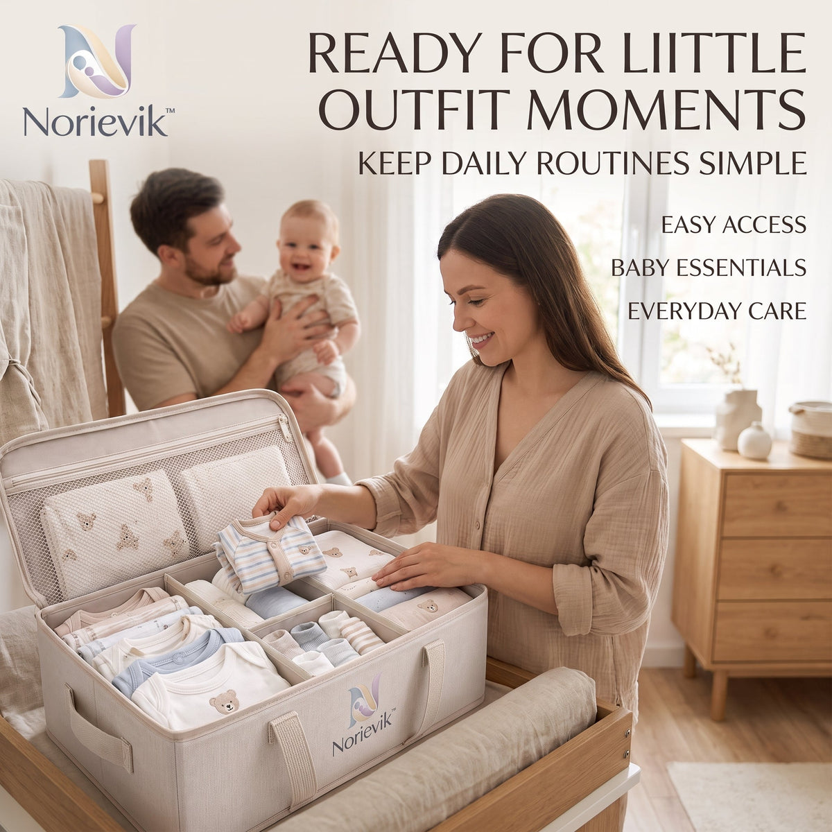 Norievik™ LittleWardrobe Baby Clothing Organizer – Multi-Compartment Nursery Storage Bin for Onesies, Socks, Bibs, Blankets & Everyday Baby Essentials