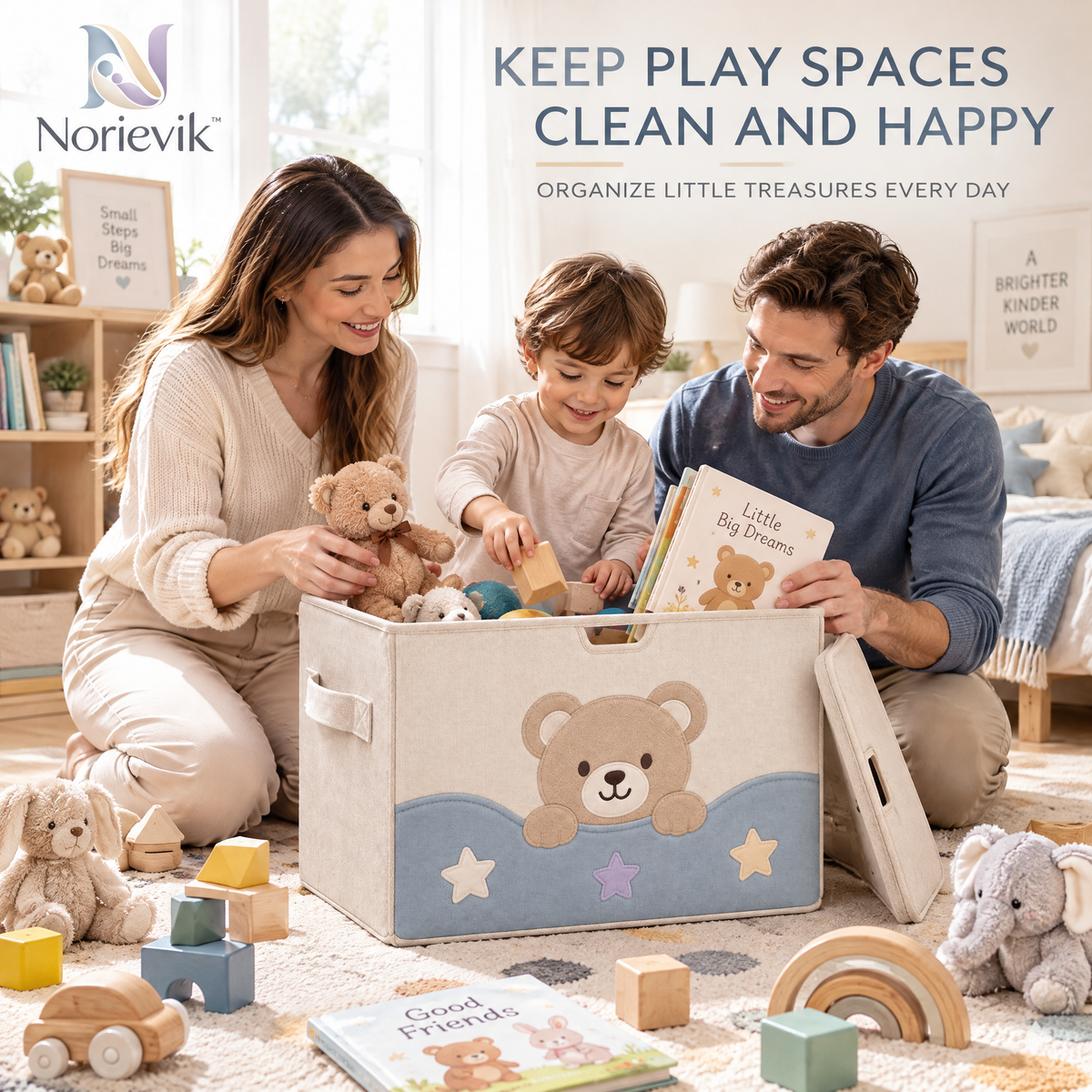 Norievik™ PlayNest Toy Storage Box – Large-Capacity Nursery Organizer for Plush Toys, Building Blocks, Books & Everyday Playroom Storage