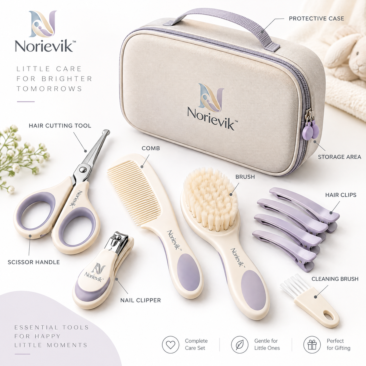 Norievik™ GentleTrim Baby Haircut Kit – Quiet Infant Hair Clipper Set for Safe At-Home Trimming, Grooming & Everyday Hair Care
