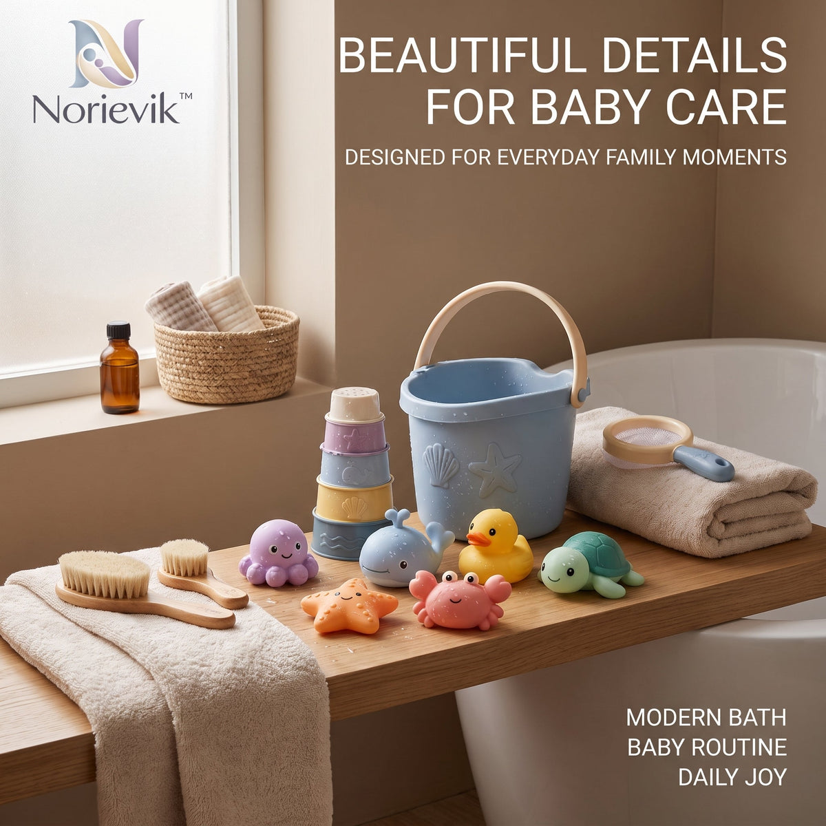Norievik™ SplashNest Baby Bath Toy Set – Floating Pour, Scoop & Stack Water Play Toys for Fun Bathtime Learning