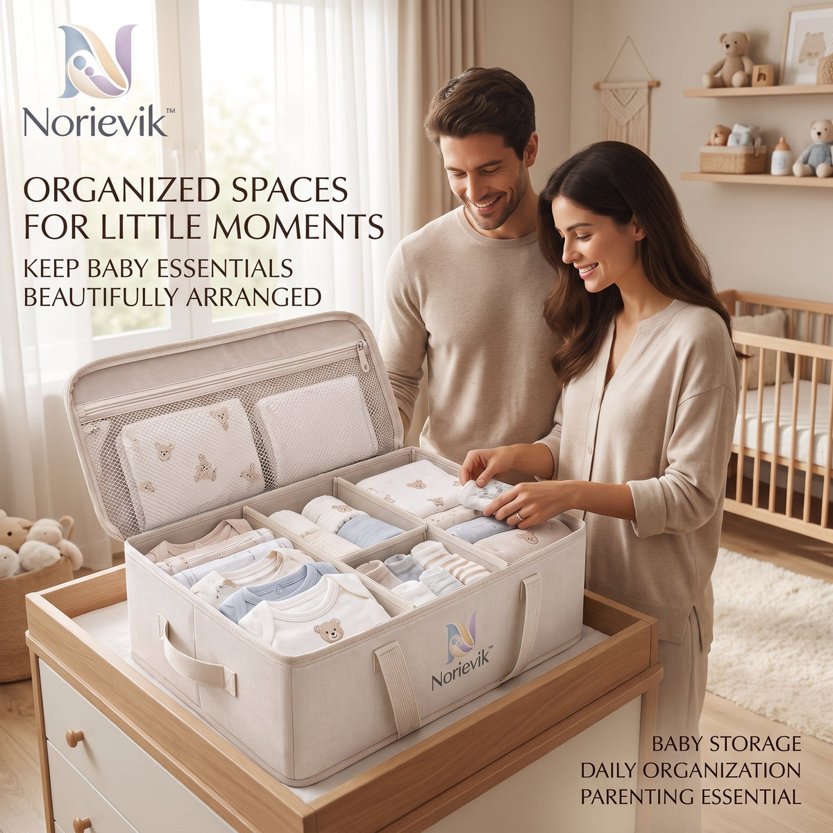 Norievik™ LittleWardrobe Baby Clothing Organizer – Multi-Compartment Nursery Storage Bin for Onesies, Socks, Bibs, Blankets & Everyday Baby Essentials