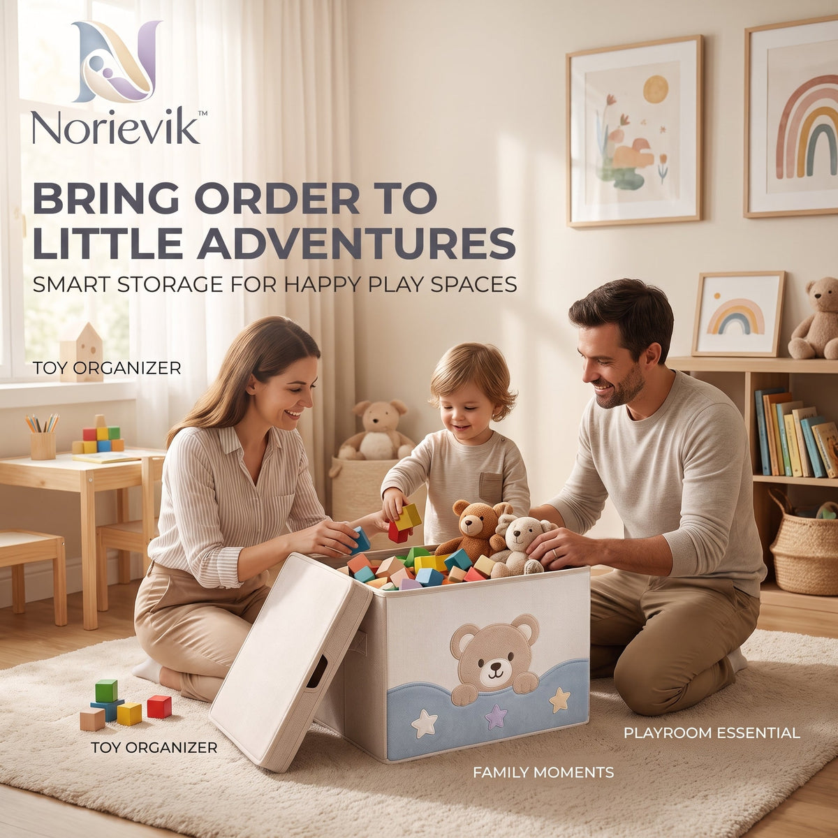 Norievik™ PlayNest Toy Storage Box – Large-Capacity Nursery Organizer for Plush Toys, Building Blocks, Books & Everyday Playroom Storage