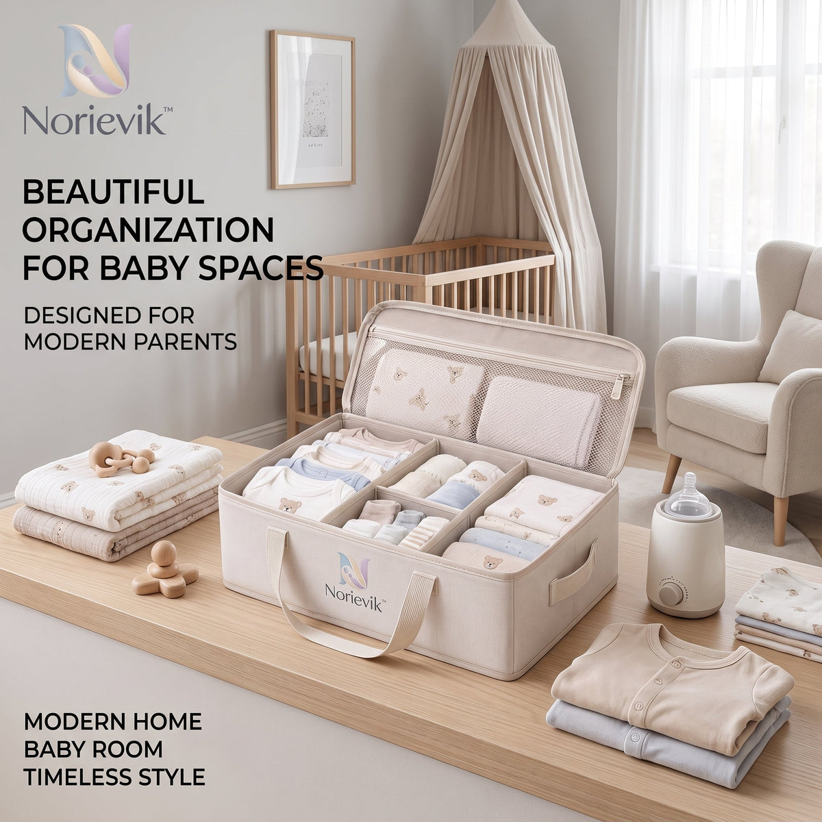 Norievik™ LittleWardrobe Baby Clothing Organizer – Multi-Compartment Nursery Storage Bin for Onesies, Socks, Bibs, Blankets & Everyday Baby Essentials