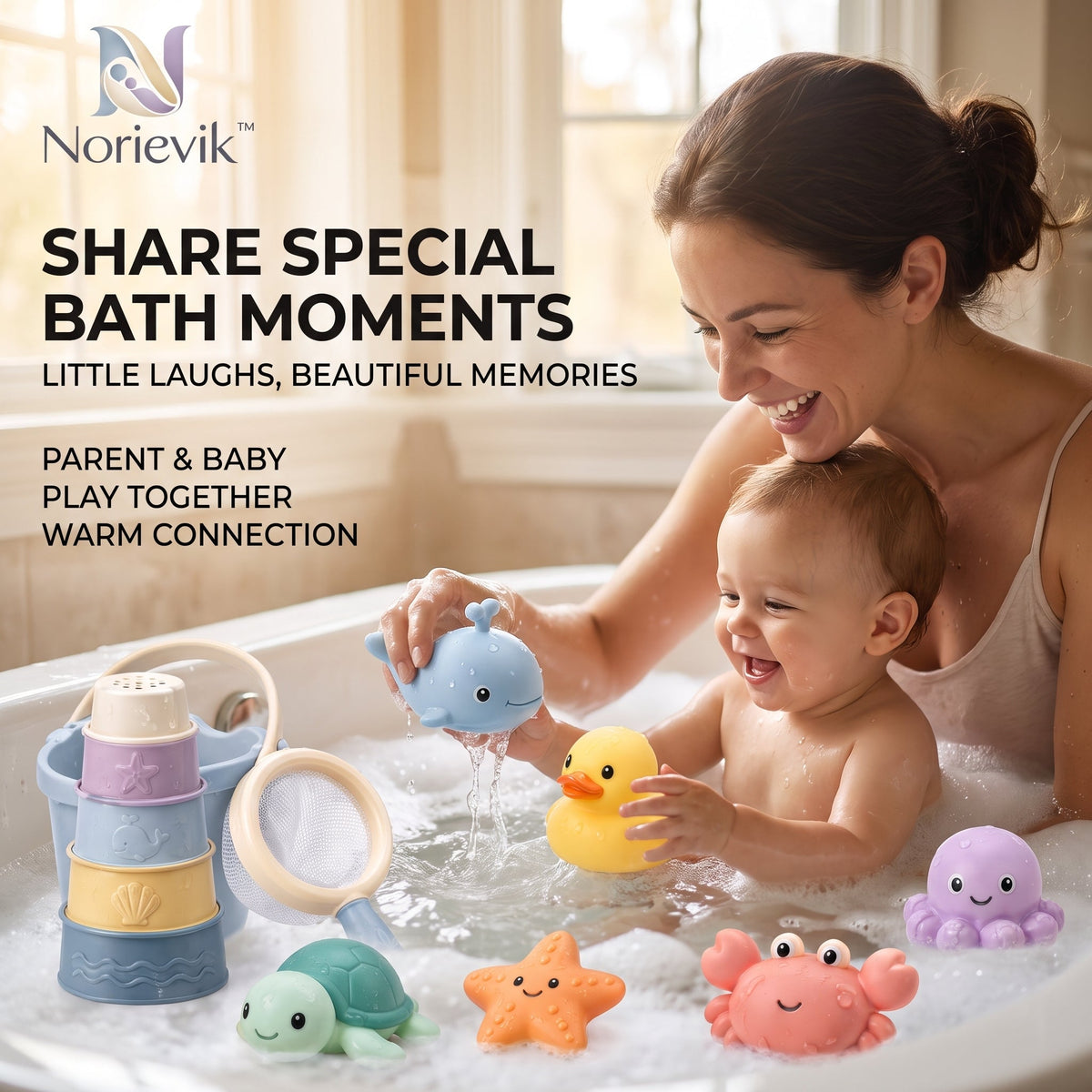Norievik™ SplashNest Baby Bath Toy Set – Floating Pour, Scoop & Stack Water Play Toys for Fun Bathtime Learning