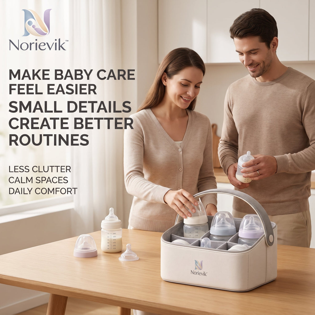 Norievik™ BottleNest Baby Bottle Organizer – Multi-Compartment Countertop Storage Rack for Bottles, Nipples, Caps & Feeding Essentials