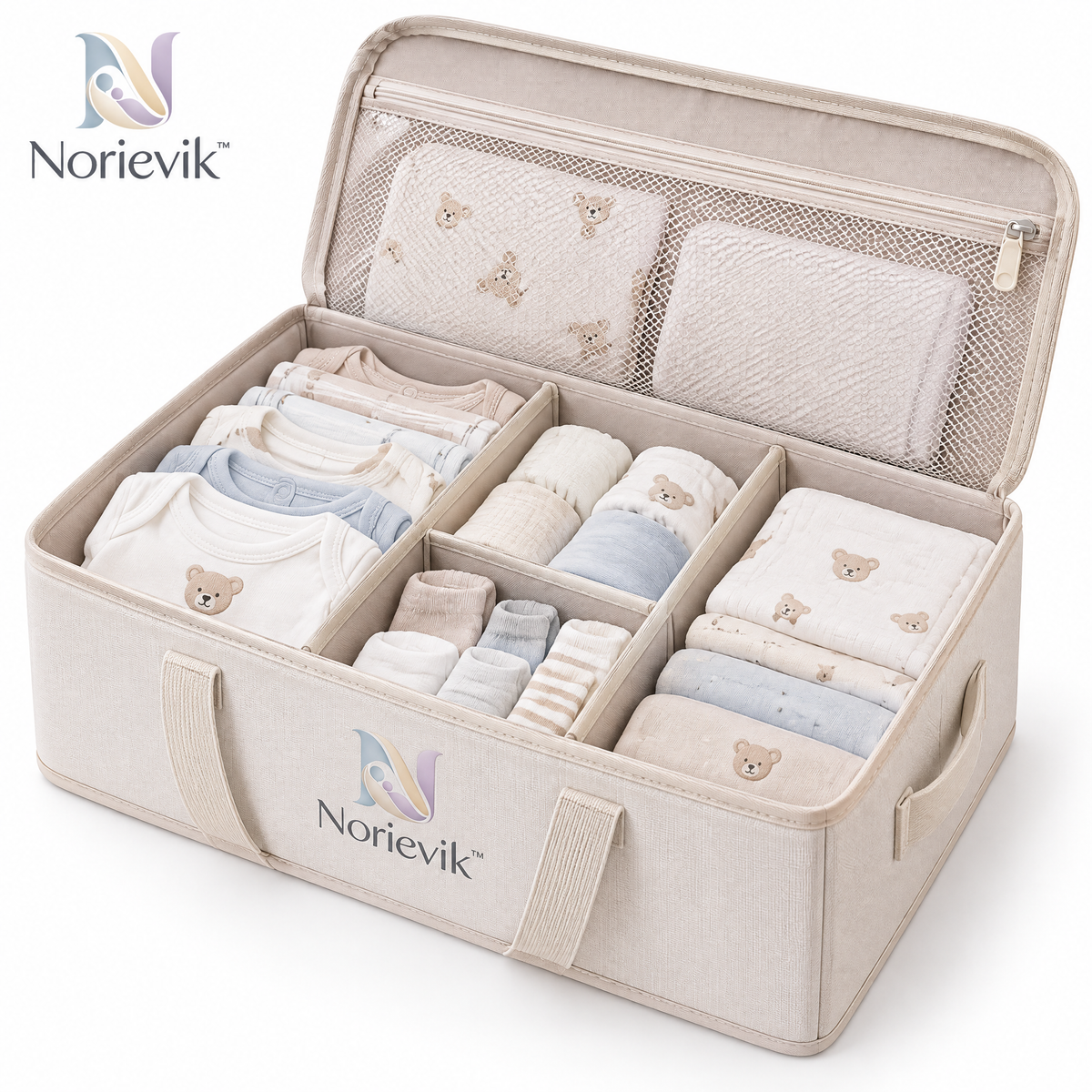 Norievik™ LittleWardrobe Baby Clothing Organizer – Multi-Compartment Nursery Storage Bin for Onesies, Socks, Bibs, Blankets & Everyday Baby Essentials