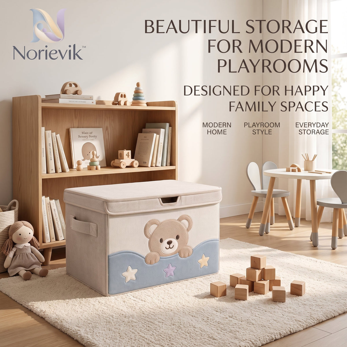 Norievik™ PlayNest Toy Storage Box – Large-Capacity Nursery Organizer for Plush Toys, Building Blocks, Books & Everyday Playroom Storage