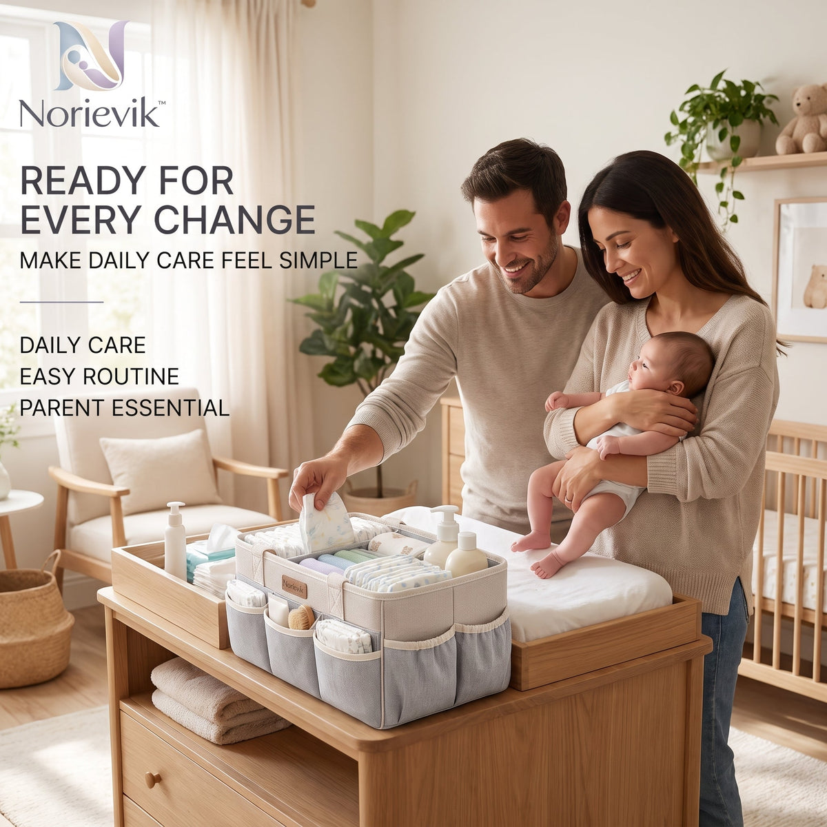 Norievik™ DiaperNest Nursery Caddy – Portable Baby Diaper Organizer for Wipes, Changing Essentials, Bottles & Everyday Nursery Storage