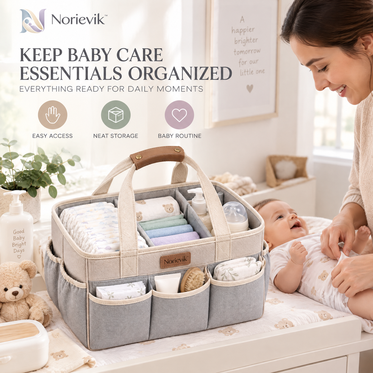 Norievik™ DiaperNest Nursery Caddy – Portable Baby Diaper Organizer for Wipes, Changing Essentials, Bottles & Everyday Nursery Storage