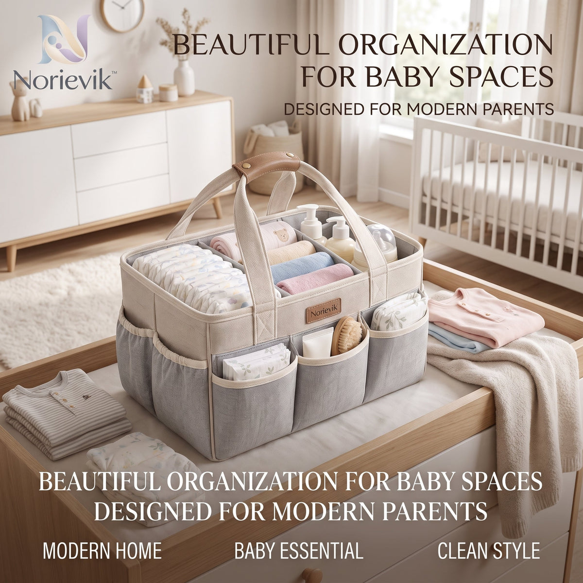 Norievik™ DiaperNest Nursery Caddy – Portable Baby Diaper Organizer for Wipes, Changing Essentials, Bottles & Everyday Nursery Storage