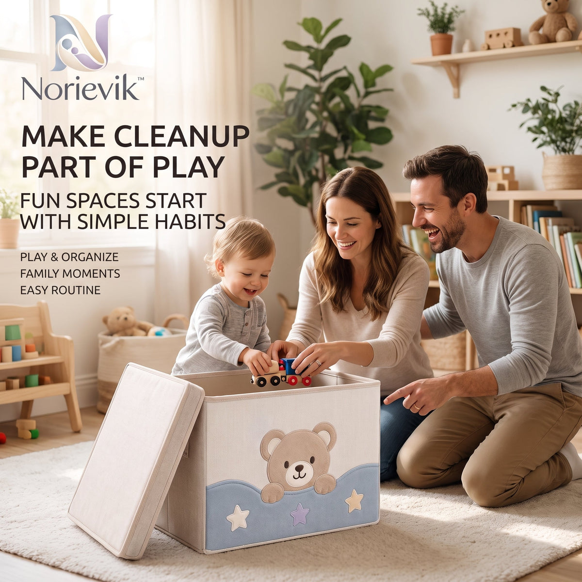 Norievik™ PlayNest Toy Storage Box – Large-Capacity Nursery Organizer for Plush Toys, Building Blocks, Books & Everyday Playroom Storage