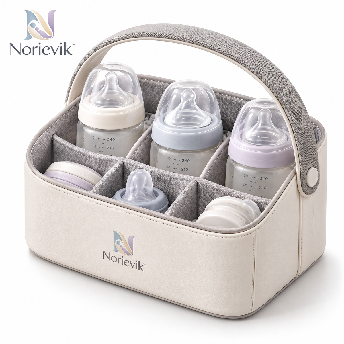 Norievik™ BottleNest Baby Bottle Organizer – Multi-Compartment Countertop Storage Rack for Bottles, Nipples, Caps & Feeding Essentials