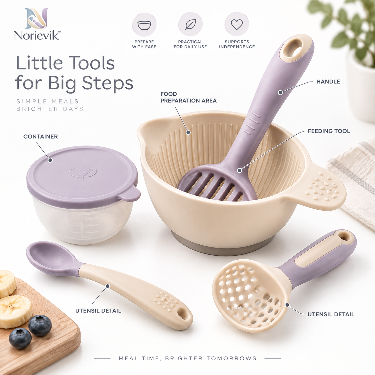 Norievik™ FirstBite Baby Food Prep & Feeding Set – Multi-Purpose Infant Feeding Tools for Mashing, Portioning, Scooping & Early Solid Food Routines