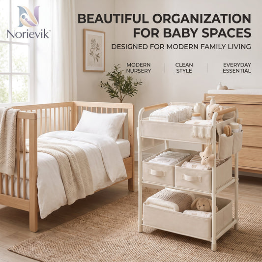Norievik™ CareStation Baby Essentials Organizer Rack – Multi-Tier Nursery Storage Shelf for Diapers, Wipes, Bottles, Clothing & Everyday Baby Supplies
