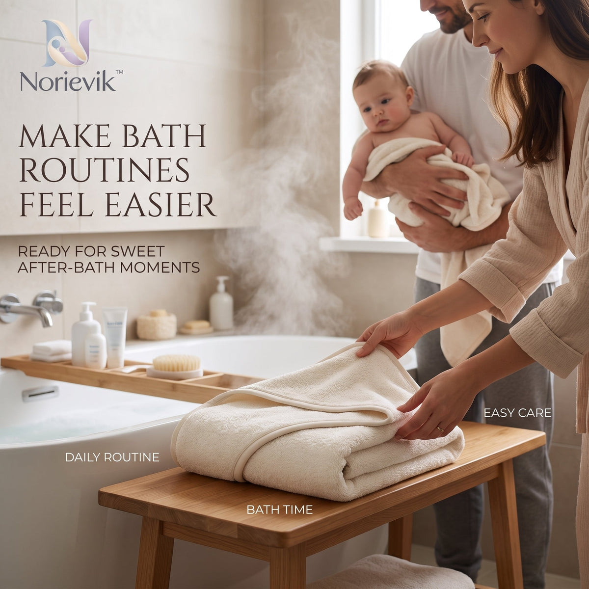 Norievik™ CozyDry Baby Bath Towel – Soft Absorbent Wrap Towel for Bath Time, Swimming, Travel & Everyday Baby Care