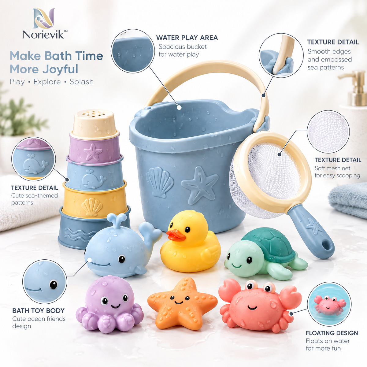 Norievik™ SplashNest Baby Bath Toy Set – Floating Pour, Scoop & Stack Water Play Toys for Fun Bathtime Learning