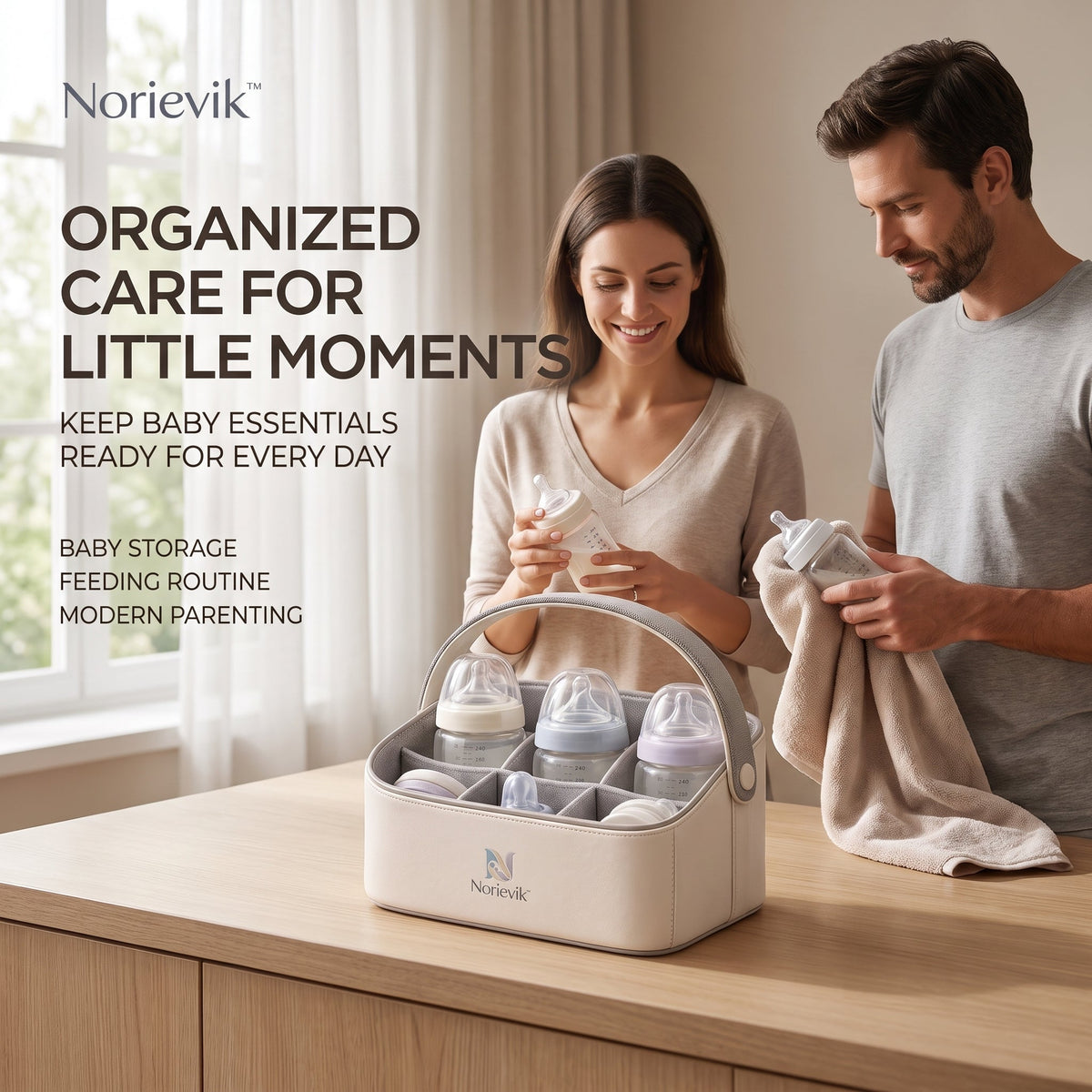 Norievik™ BottleNest Baby Bottle Organizer – Multi-Compartment Countertop Storage Rack for Bottles, Nipples, Caps & Feeding Essentials