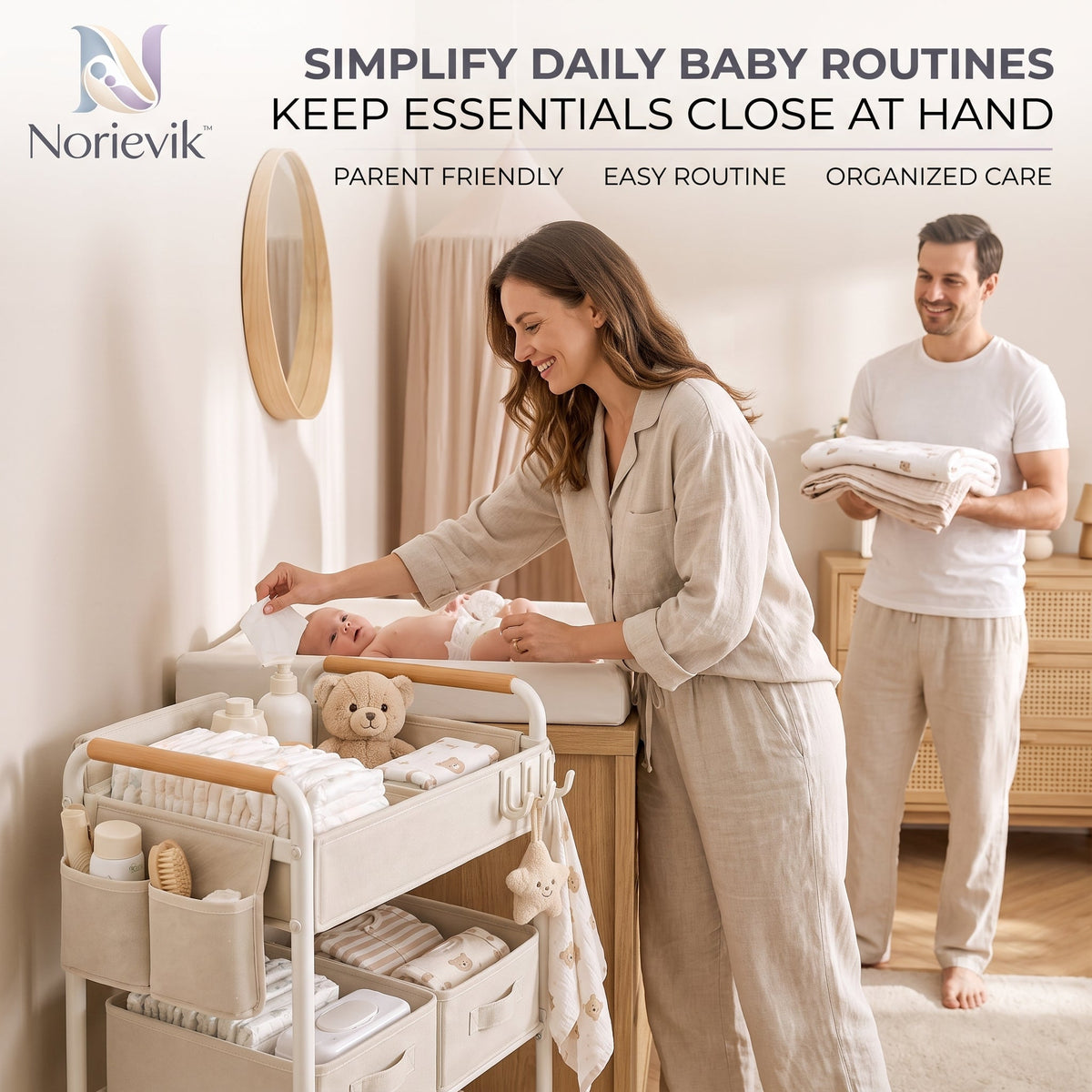 Norievik™ CareStation Baby Essentials Organizer Rack – Multi-Tier Nursery Storage Shelf for Diapers, Wipes, Bottles, Clothing & Everyday Baby Supplies