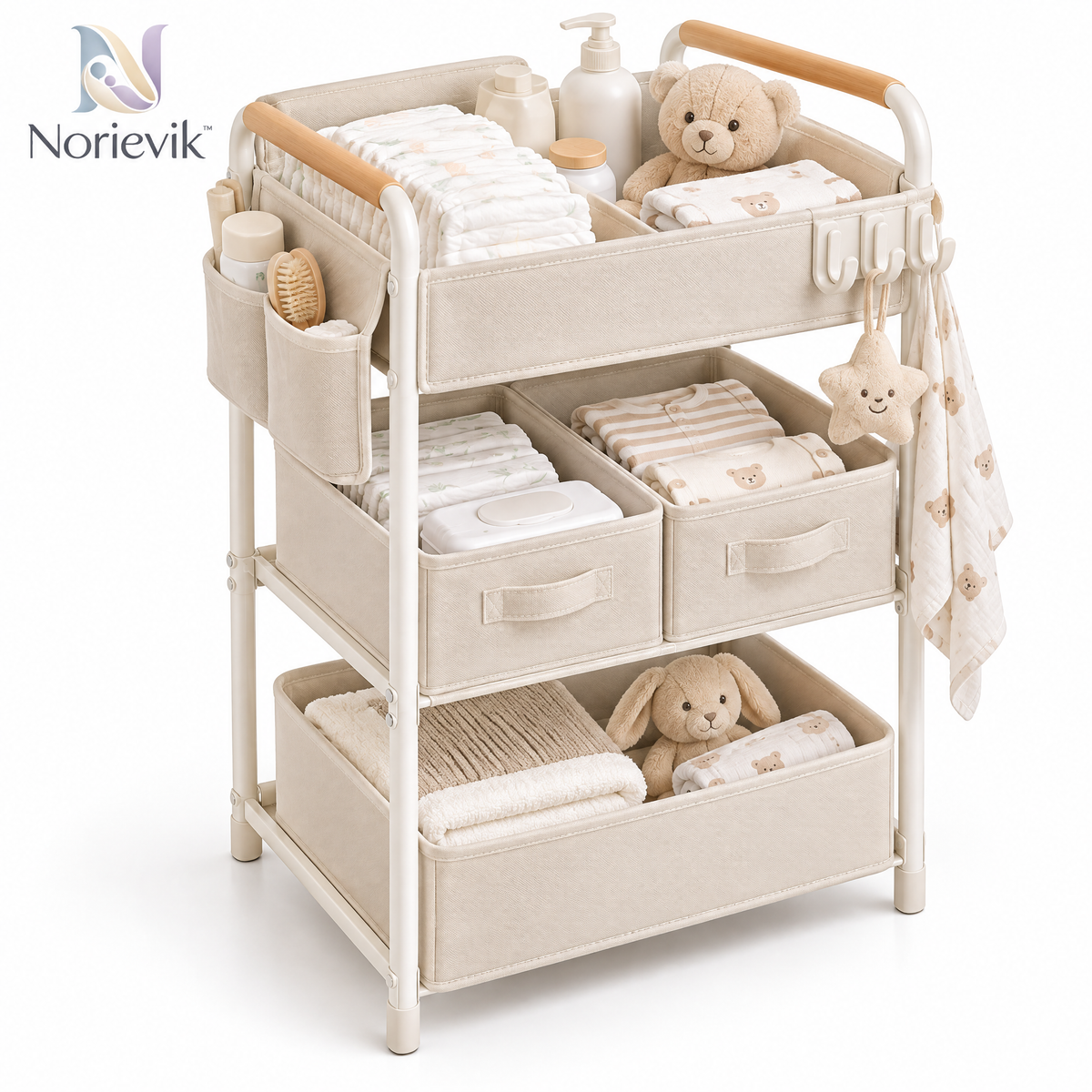 Norievik™ CareStation Baby Essentials Organizer Rack – Multi-Tier Nursery Storage Shelf for Diapers, Wipes, Bottles, Clothing & Everyday Baby Supplies