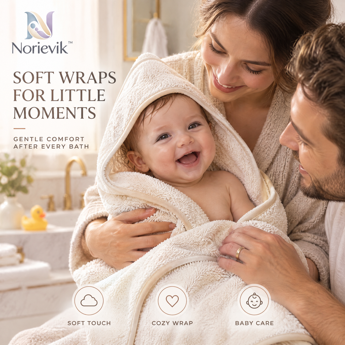Norievik™ CozyDry Baby Bath Towel – Soft Absorbent Wrap Towel for Bath Time, Swimming, Travel & Everyday Baby Care